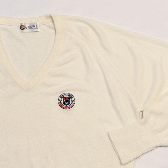 Aureus V-Neck Sweater Cream Embroidered Golf Crest Knit Pullover Adult - Picture 2 of 9